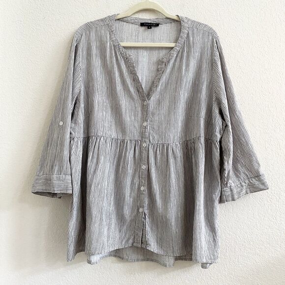 TAHARI White Black Striped Linen Blend  Button Up Pleated Flowy Blouse Top 1X - Picture 1 of 12